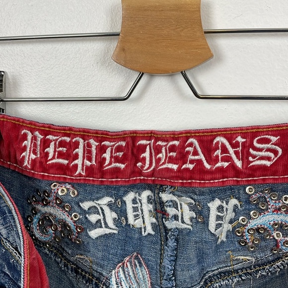 Pepe Jeans London Womens 28 Bootcut 4 Pocket Embroidered Design Stud Blue Pants - Picture 11 of 11